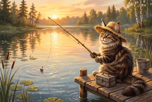Illustrated Cat Fishing on Dock at Sunset