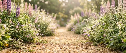 Sunlit Gravel Path in Cottage Garden
