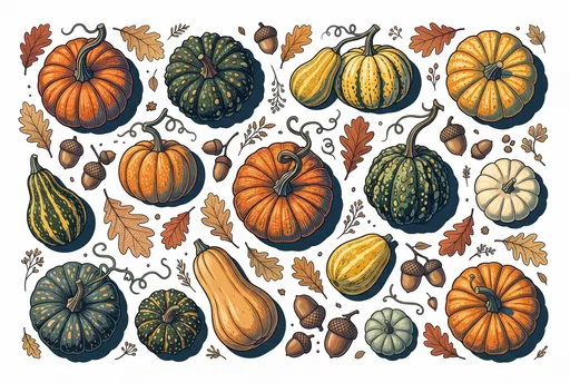Autumn Pumpkins Acorns and Leaves Illustration