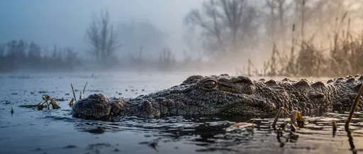 Crocodile Emerging in Misty Dawn Marsh