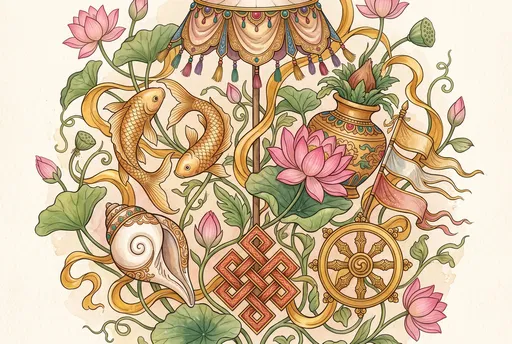 Watercolor Eight Auspicious Buddhist Symbols Illustration