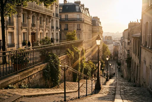 Golden Hour on Parisian Hillside Steps