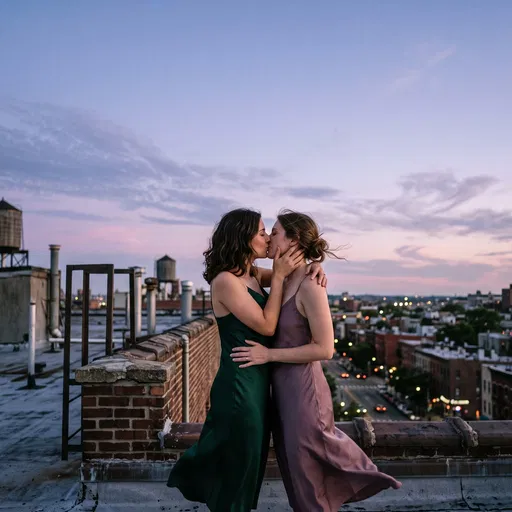 Female Couple Kissing on Rooftop at Dusk