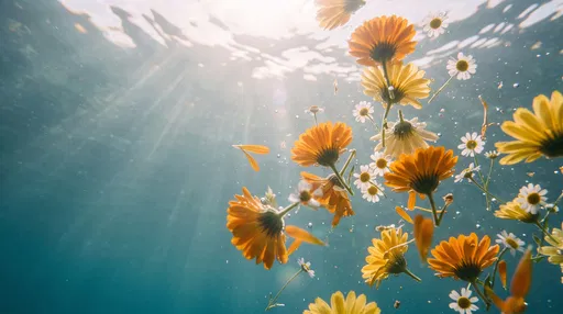 Underwater Calendula and Chamomile Flowers in Sunlight