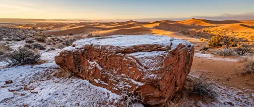 Snow Dusted Sandstone Boulder in Desert Dunes