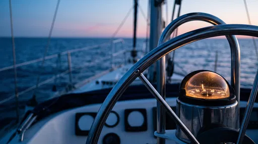 Sailboat Helm and Glowing Compass at Dusk