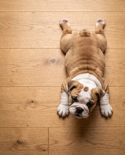English Bulldog Puppy Splooting on Wood Floor
