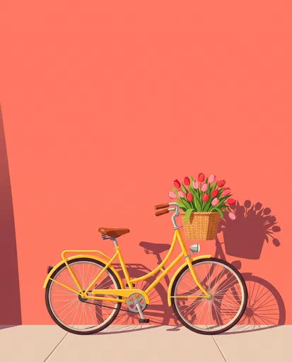 Yellow Vintage Bicycle With Tulips Against Wall
