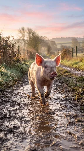 Piglet Trotting Down Muddy Country Lane