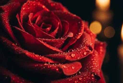 Red Rose With Dewdrops By Candlelight