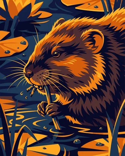 Graphic Illustration of Muskrat Eating Lily Stem