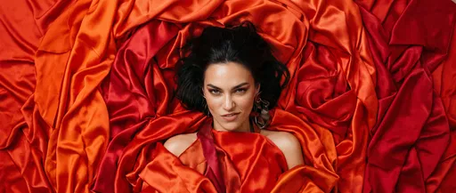 Woman Smirking in Red Silk Fabric