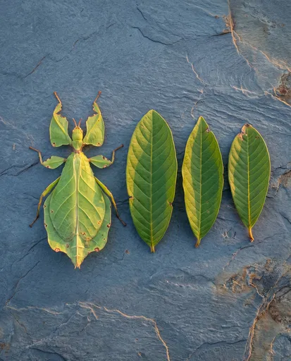 Green Leaf Insect Beside Three Leaves