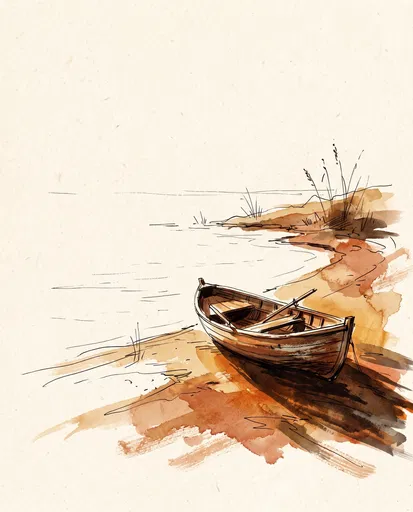 Ink and Watercolor Rowboat on Shore