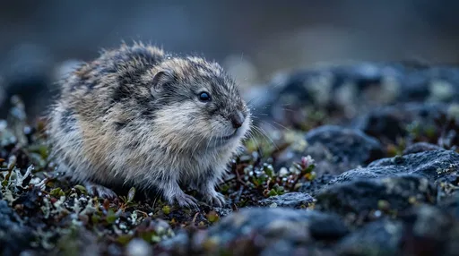Collared Lemming on Wet Tundra Rocks
