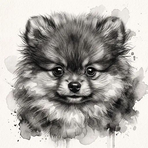 Monochrome Watercolor Pomeranian Puppy Portrait