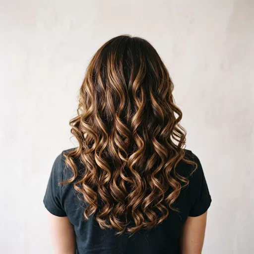 Woman With Curled Caramel Highlighted Hair