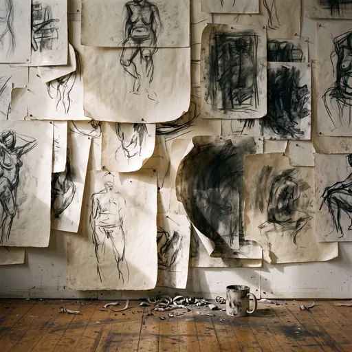 Charcoal Drawings Pinned to Studio Wall