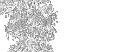 Whimsical Treehouse Library Coloring Page Illustration