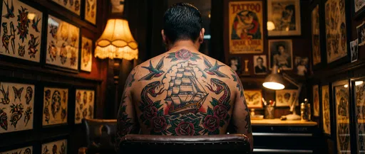 Man With Traditional Back Tattoos in Parlor