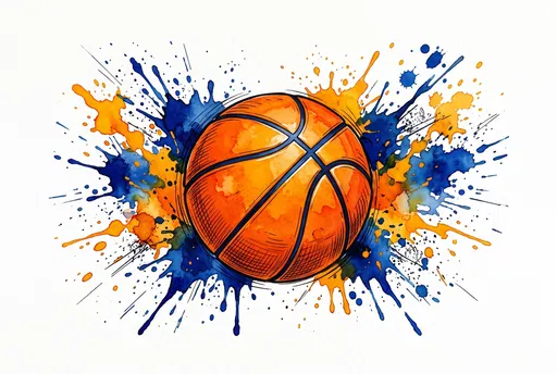 Watercolor Basketball with Blue and Amber Splashes