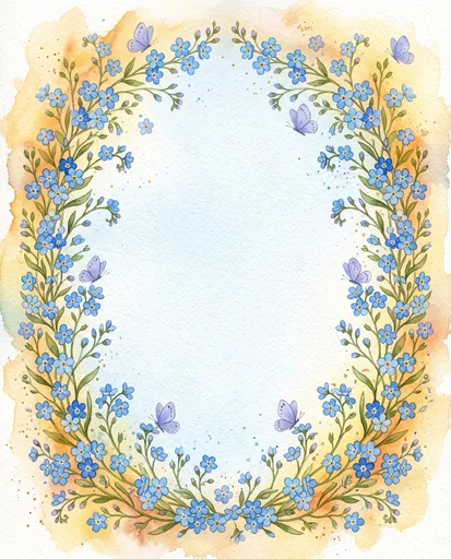 Watercolor Forget-Me-Not Floral Frame with Butterflies