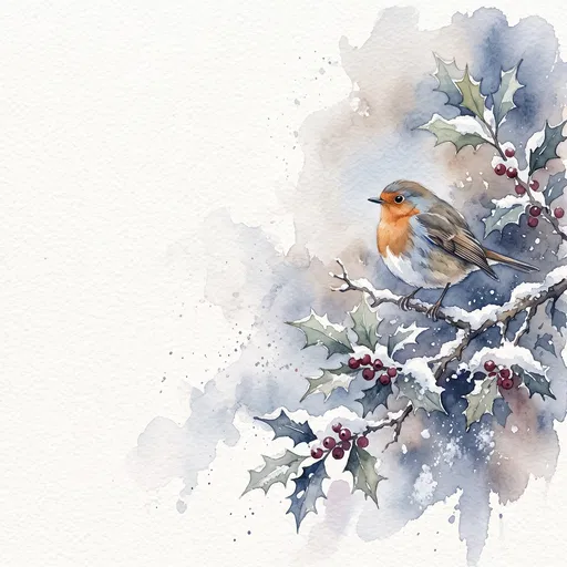 Watercolor Robin on Snowy Holly Branch