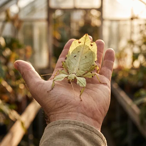 Hand Holding Walking Leaf Insect in Greenhouse