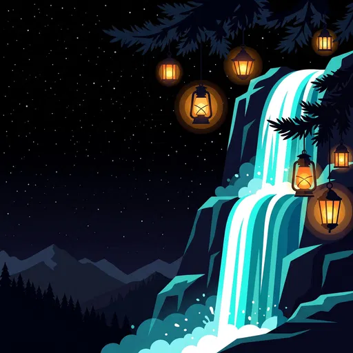 Night Waterfall with Glowing Lanterns Illustration