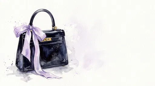 Watercolor Black Handbag With Lavender Ribbon
