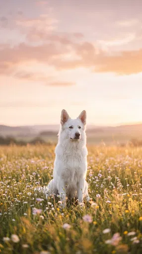 White Shepherd in Golden Hour Meadow