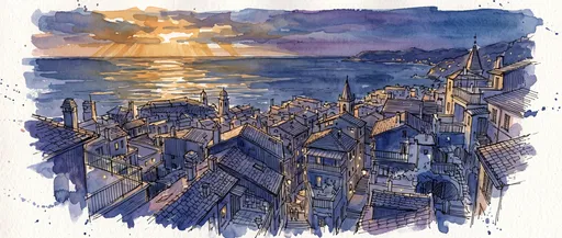 Coastal Town Sunset Watercolor Sketch