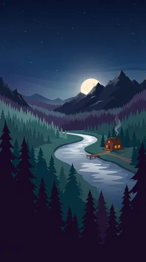 Night Mountain Valley Cabin Illustration