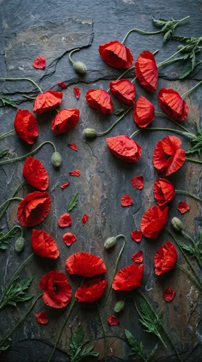 Red Poppies Flat Lay on Dark Slate