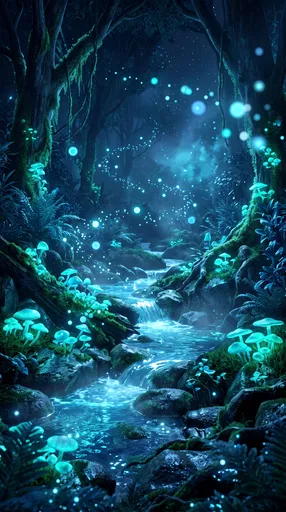 Bioluminescent Forest Stream at Night