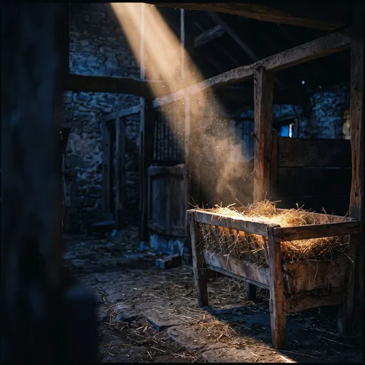 Sunbeam Illuminating Empty Wooden Manger in Stable