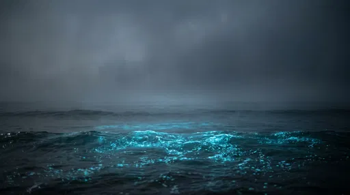 Bioluminescent Ocean Swells Under Misty Sky