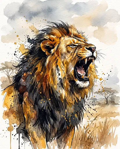 Watercolor Illustration of Roaring African Lion
