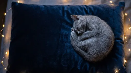 Sleeping Grey Kitten on Navy Velvet Cushion