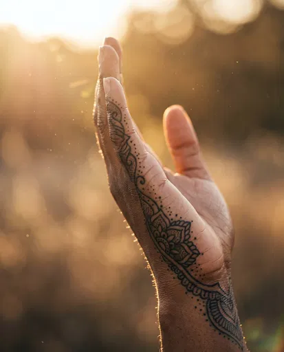 Hand With Ornamental Tattoo in Golden Light
