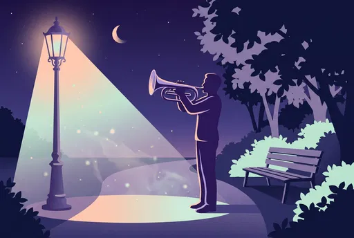 Mellophone Player Under Park Streetlamp at Night