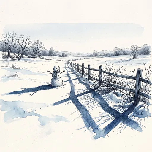 Ink and Watercolor Winter Snowman Landscape