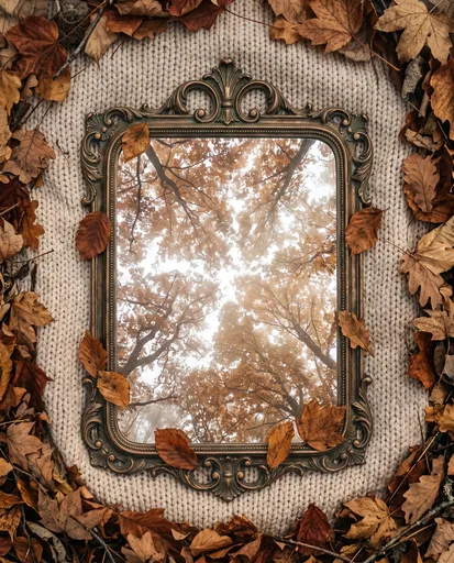 Vintage Mirror on Knit With Autumn Leaves
