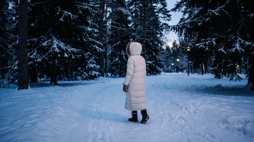 Woman Walking in Snowy Twilight Forest