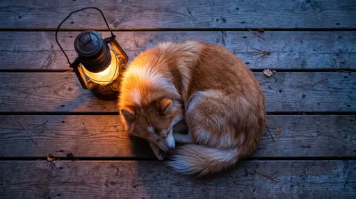Sleeping Dog Beside Glowing Lantern on Deck
