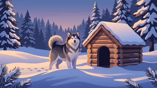 Alaskan Malamute by Log Doghouse in Winter
