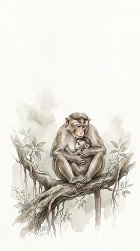 Watercolor Macaque Mother and Infant on Branch