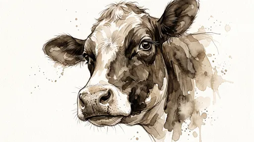 Sepia Watercolor Dairy Cow Portrait Illustration
