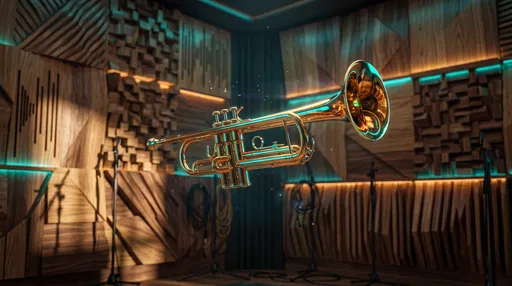 Floating Gold Trumpet in Modern Acoustic Studio