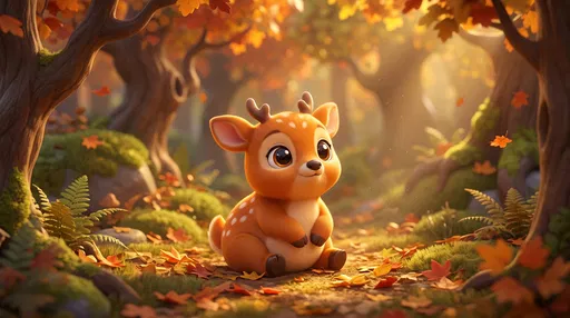 Cute Cartoon Fawn in Autumn Forest